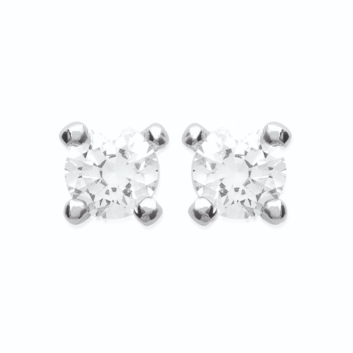 Boucles d’oreilles puces solitaire zircon quatre griffes en argent 925, vue de face