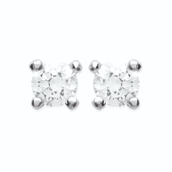 Boucles d’oreilles puces solitaire zircon quatre griffes en argent 925, vue de face