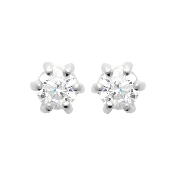 Boucles d’oreilles puces solitaire zircon six griffes en argent 925, vue de face