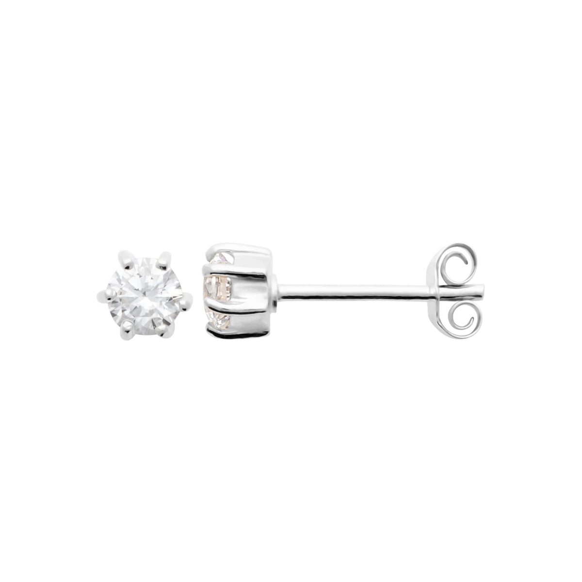 Boucles d’oreilles puces solitaire zircon six griffes grand modèle en argent 925, vue de profil