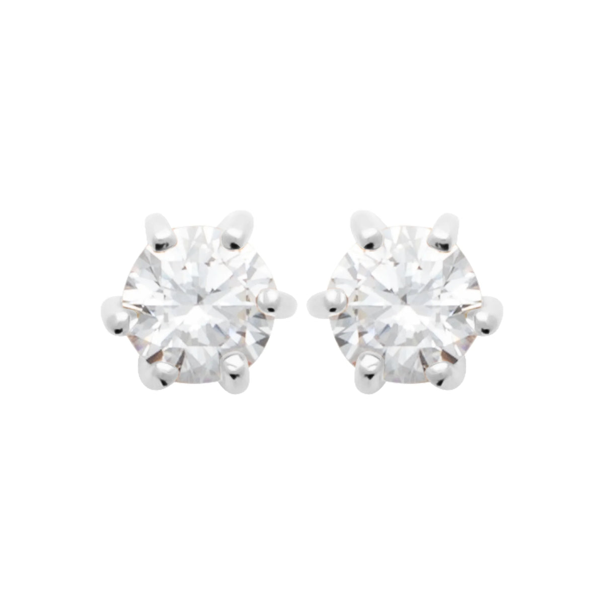 Boucles d’oreilles puces solitaire zircon six griffes grand modèle en argent 925, vue de face