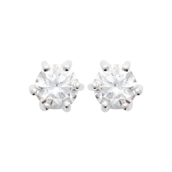 Boucles d’oreilles puces solitaire zircon six griffes grand modèle en argent 925, vue de face