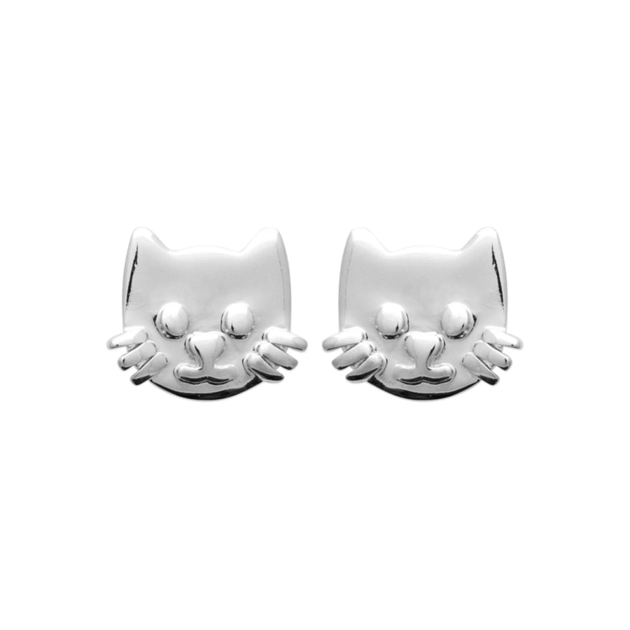Boucles d’oreilles puces tête de chat enfant en argent 925 rhodié, vue de face