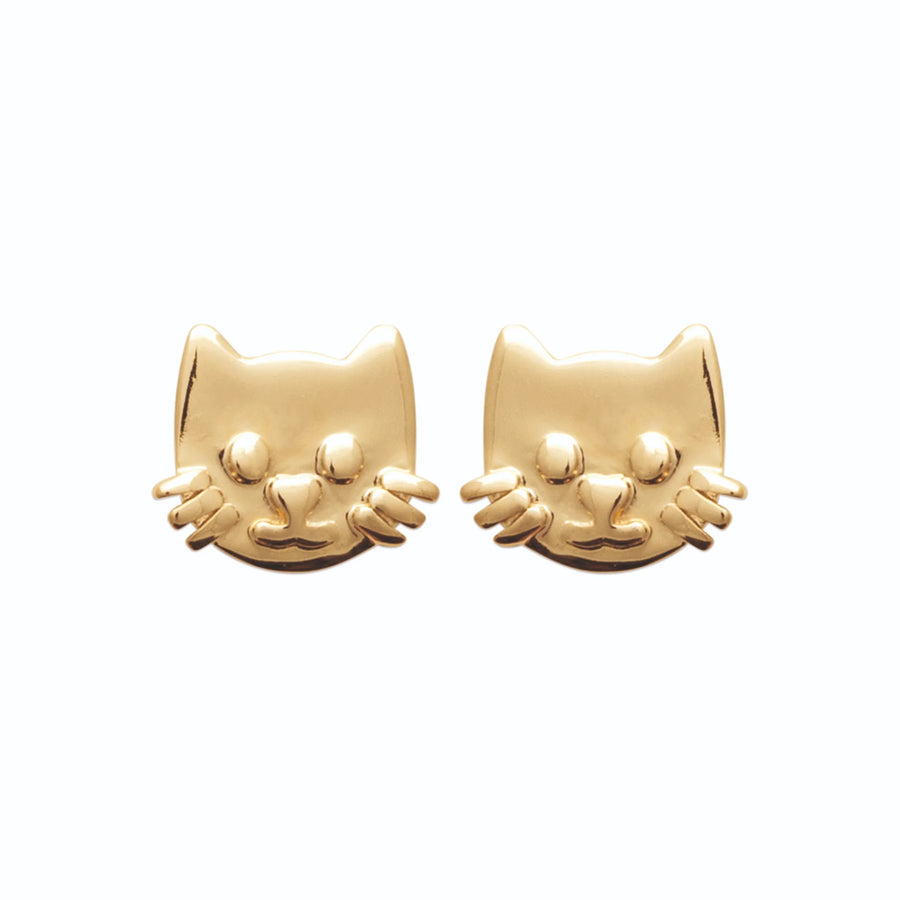 Boucles d’oreilles puces tête de chat enfant en plaqué or, vue de face