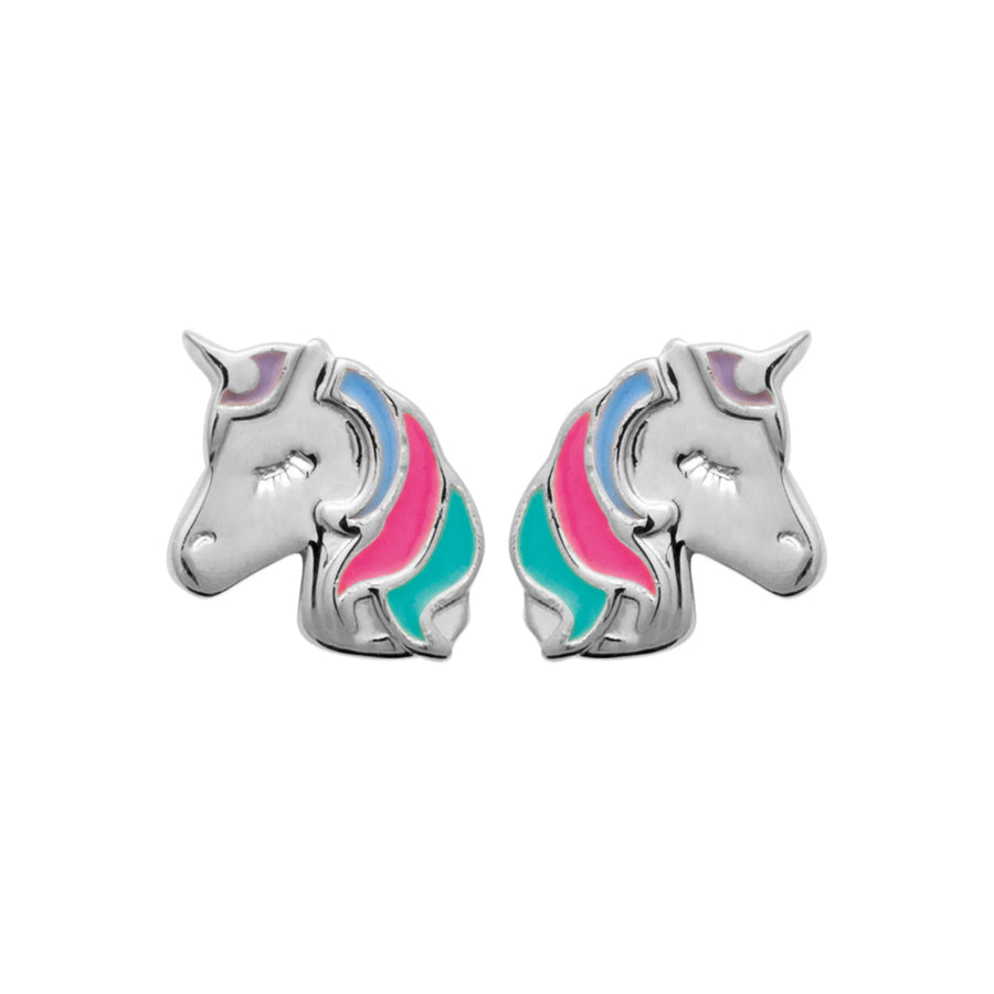 Boucles d’oreilles puces tête de licorne enfant en argent 925 rhodié, vue de face