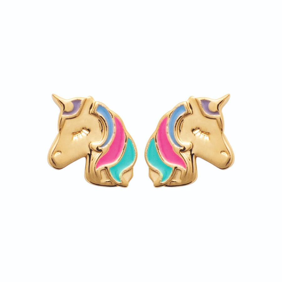 Boucles d’oreilles puces tête de licorne enfant en plaqué or, vue de face