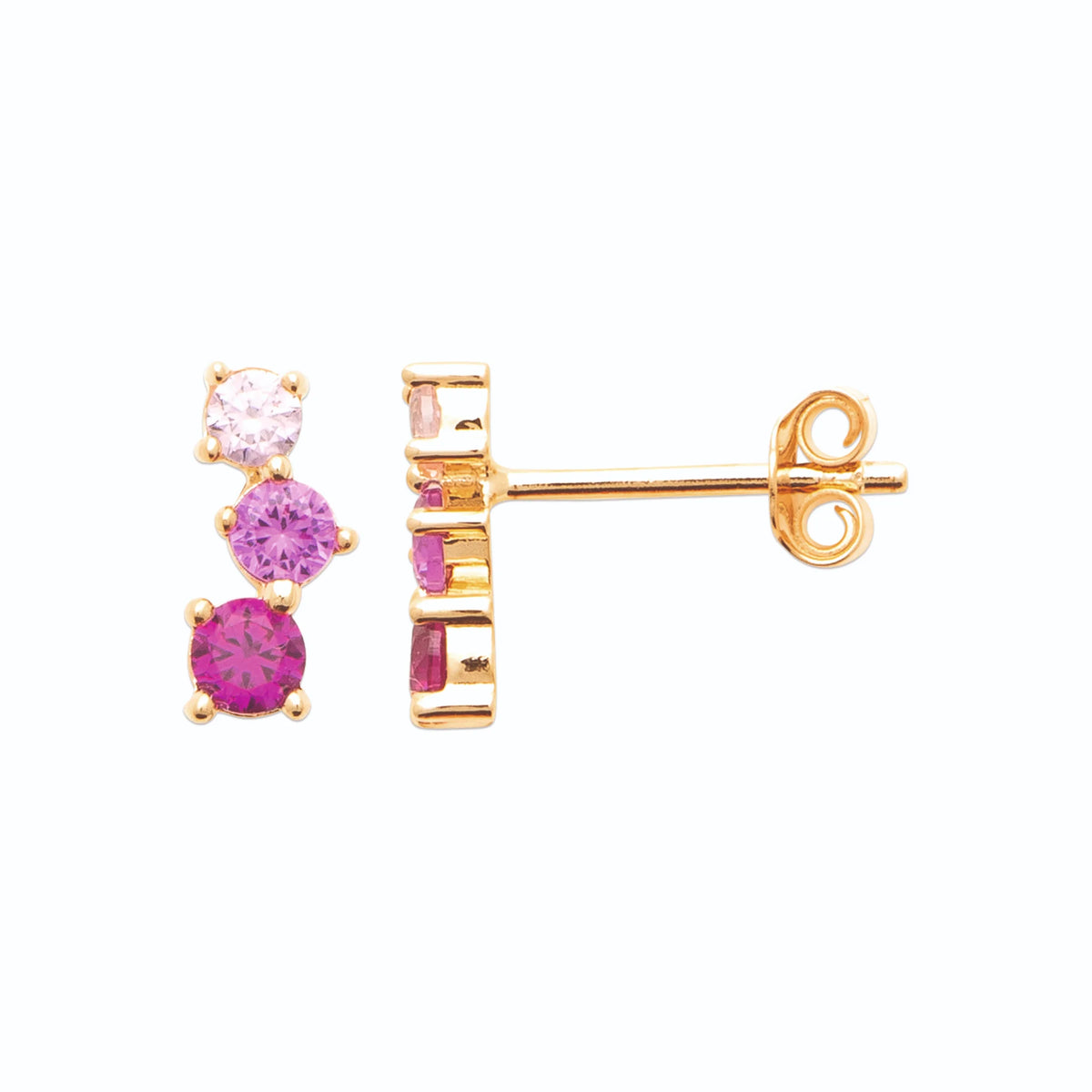 Boucles d’oreilles puces trio de pierres roses en dégradé en plaqué or