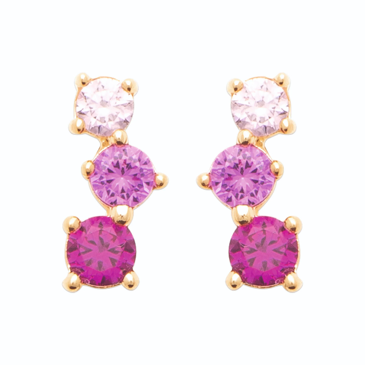 Boucles d’oreilles puces trio de pierres roses en dégradé en plaqué or