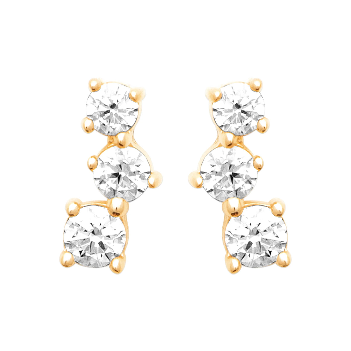 Boucles d’oreilles puces trio de zircons en cascade en plaqué or