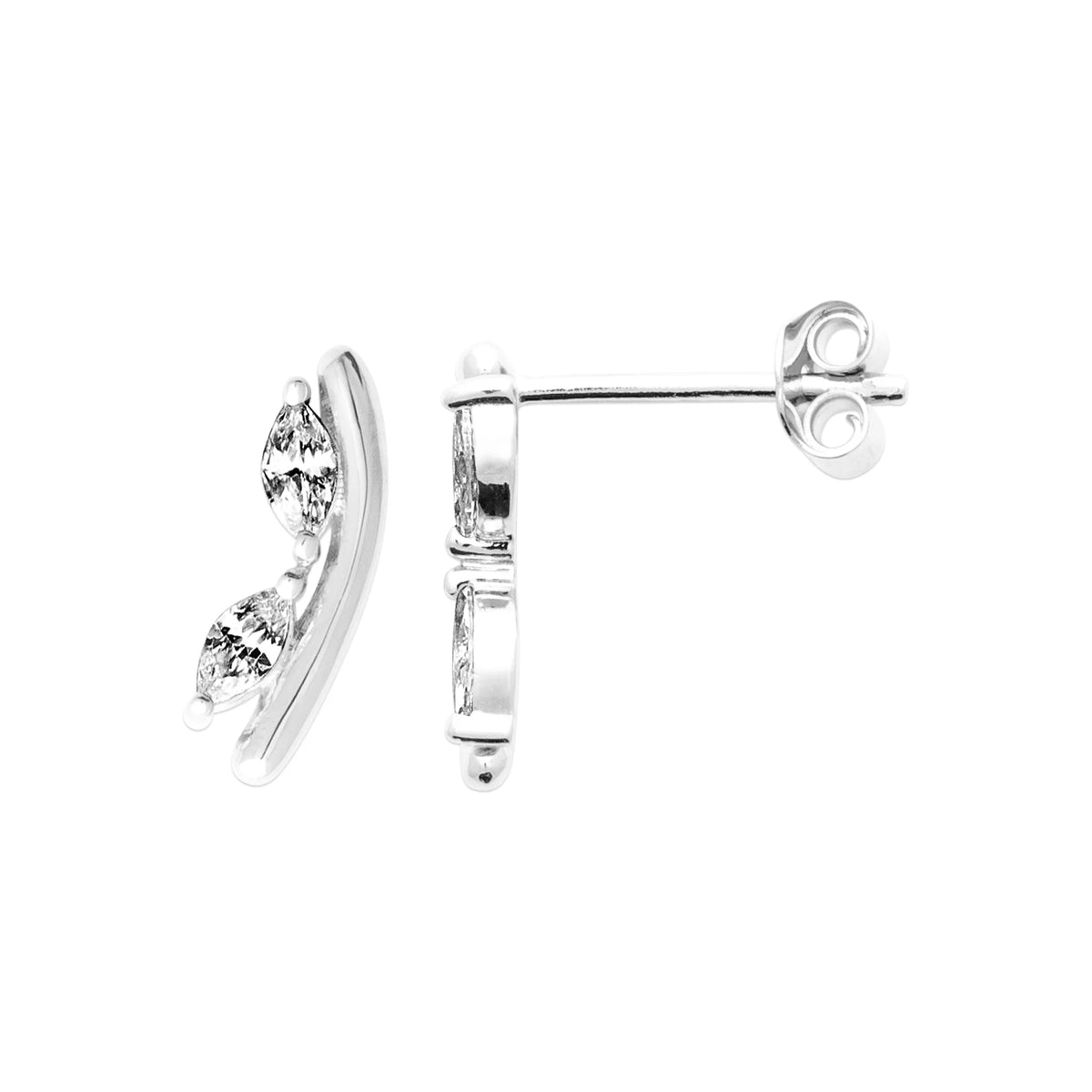 Boucles d’oreilles puces vague courbe et zircons navettes en argent 925 rhodié