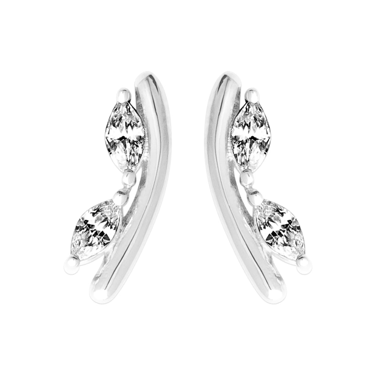 Boucles d’oreilles puces vague courbe et zircons navettes en argent 925 rhodié