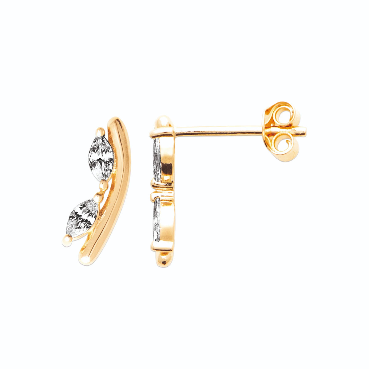 Boucles d’oreilles puces vague courbe et zircons navettes en plaqué or