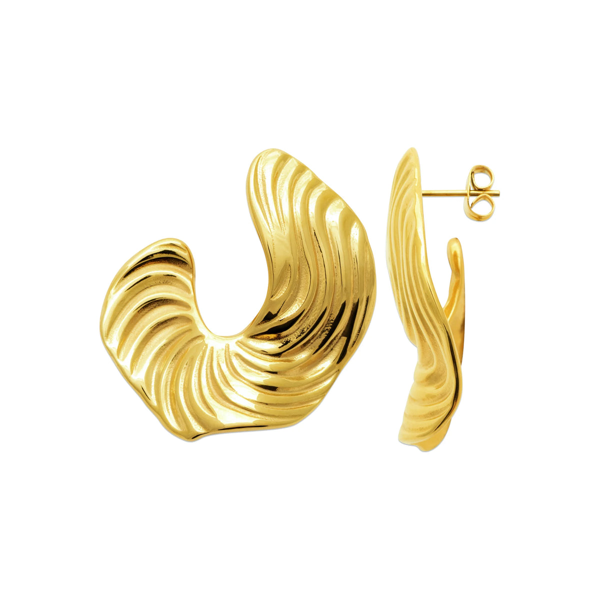 Boucles d’oreilles puces vague striée en acier PVD doré