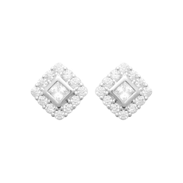 Boucles d’oreilles puces zircon carré et halo de zircons en argent 925, vue de face
