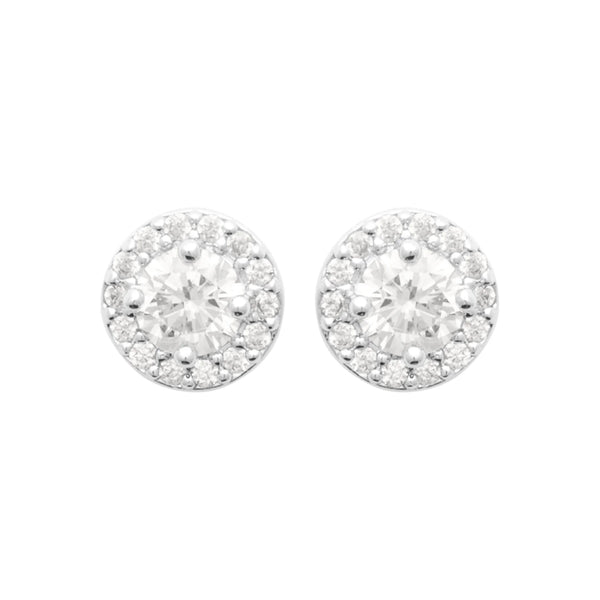 Boucles d’oreilles puces zircon rond et halo de zircons en argent 925, vue de face