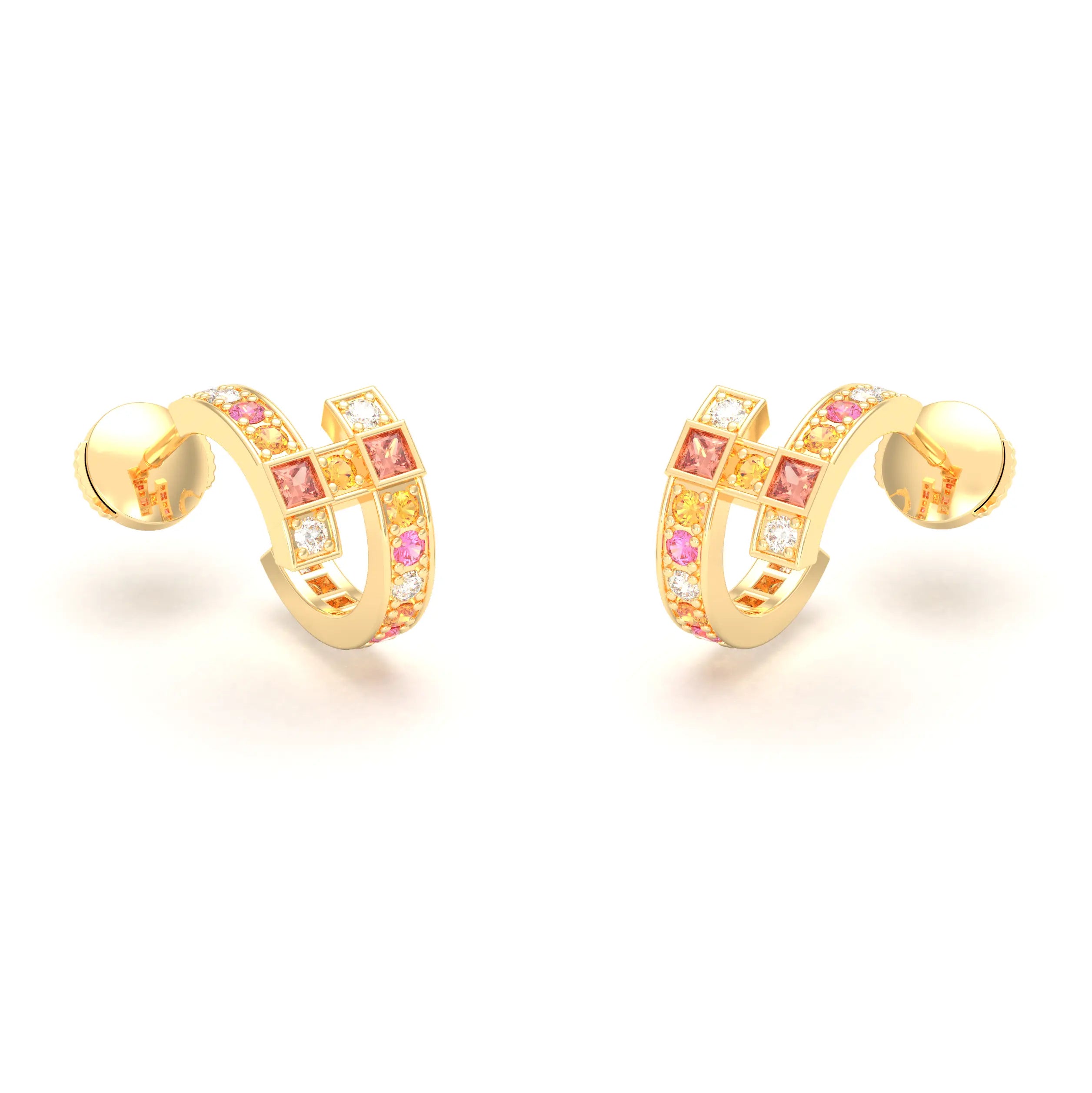Boucles d’Oreilles Art Déco – Or Jaune 18 Carats & Diamants – Harmonie au Choix Diamant - Grenat mandarin - Saphir pêche - Saphir rose