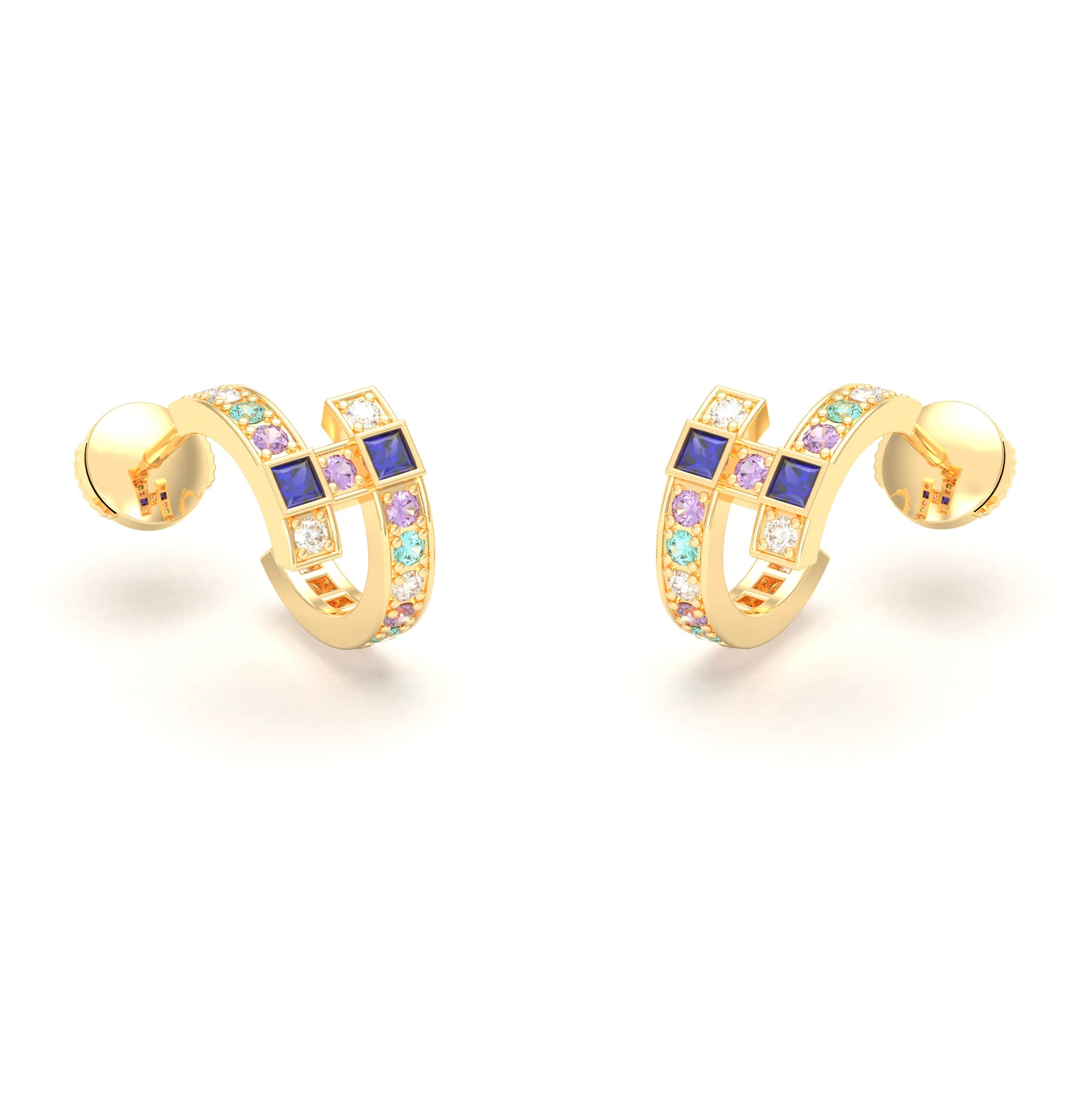 Boucles d’Oreilles Art Déco – Or Jaune 18 Carats & Diamants – Harmonie au Choix Diamant - Saphir bleu - Saphir violet - Tourmaline paraiba