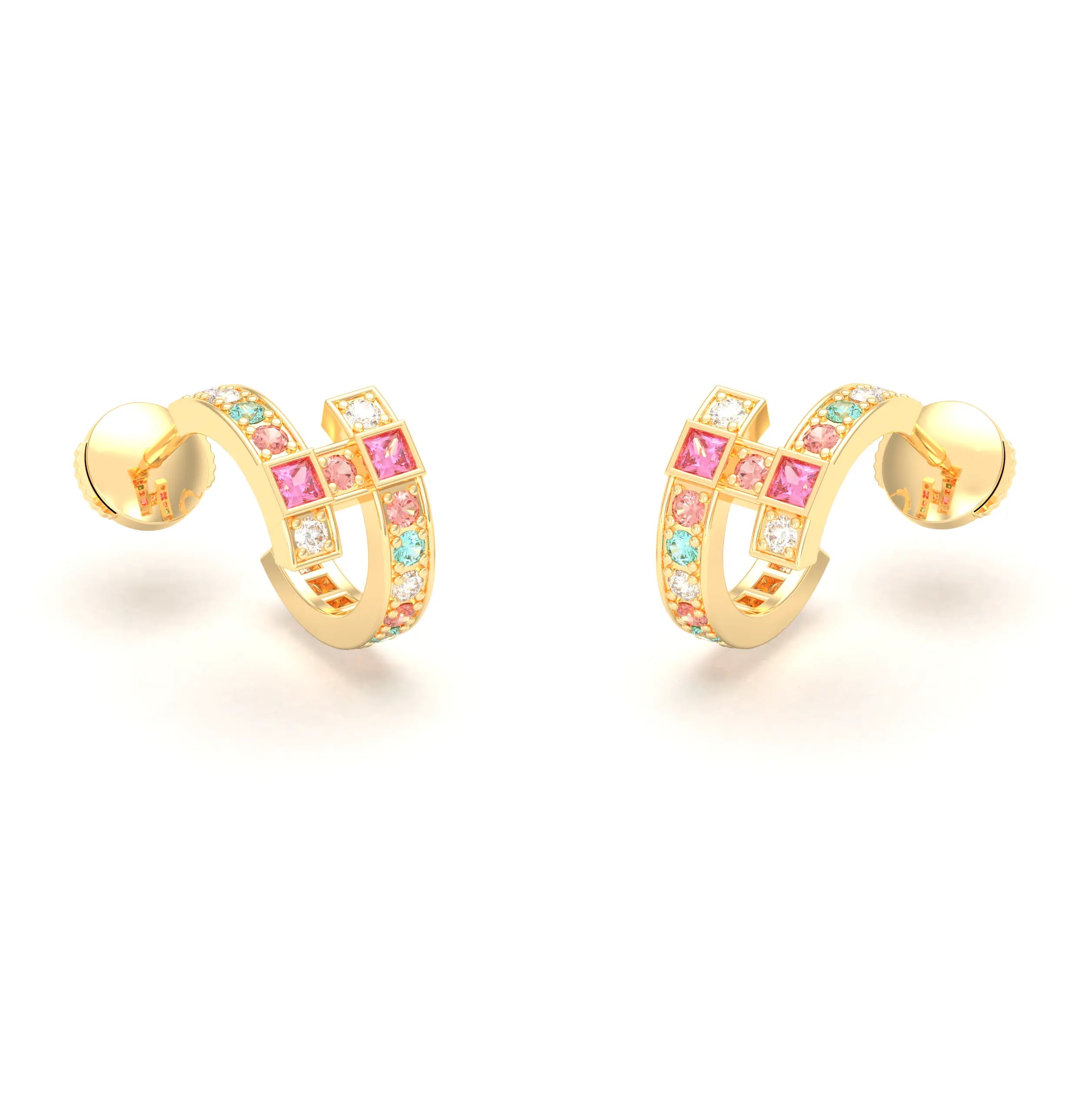 Boucles d’Oreilles Art Déco – Or Jaune 18 Carats & Diamants – Harmonie au Choix Diamant - Saphir pêche - Saphir rose - Tourmaline paraiba