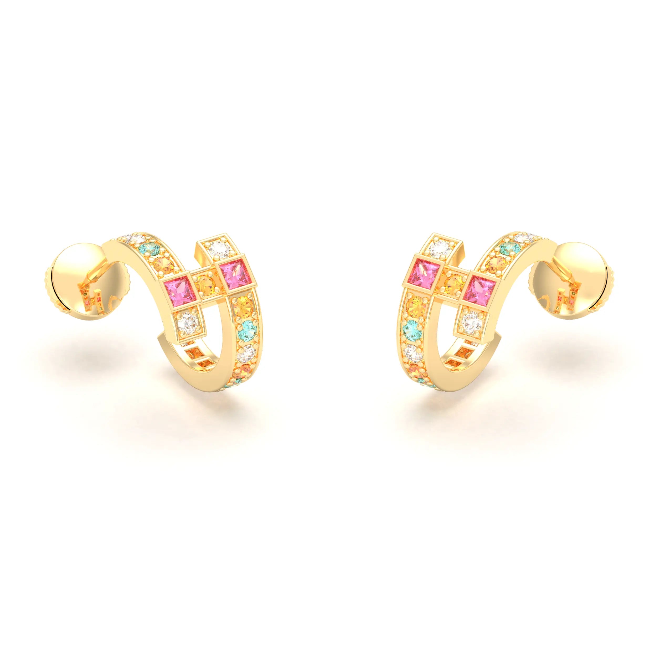 Boucles d’Oreilles Art Déco – Or Jaune 18 Carats & Diamants – Harmonie au Choix Diamant - Tourmaline paraiba - Grenat mandarin - Saphir rose