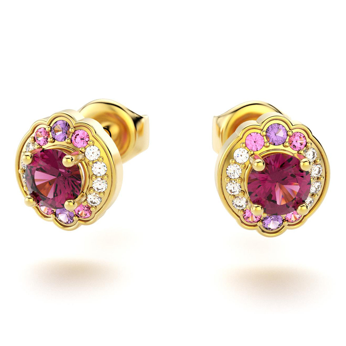 boucles oreilles syracuse pour en or jaune rhodolites avec diamants saphirs violets et saphirs roses