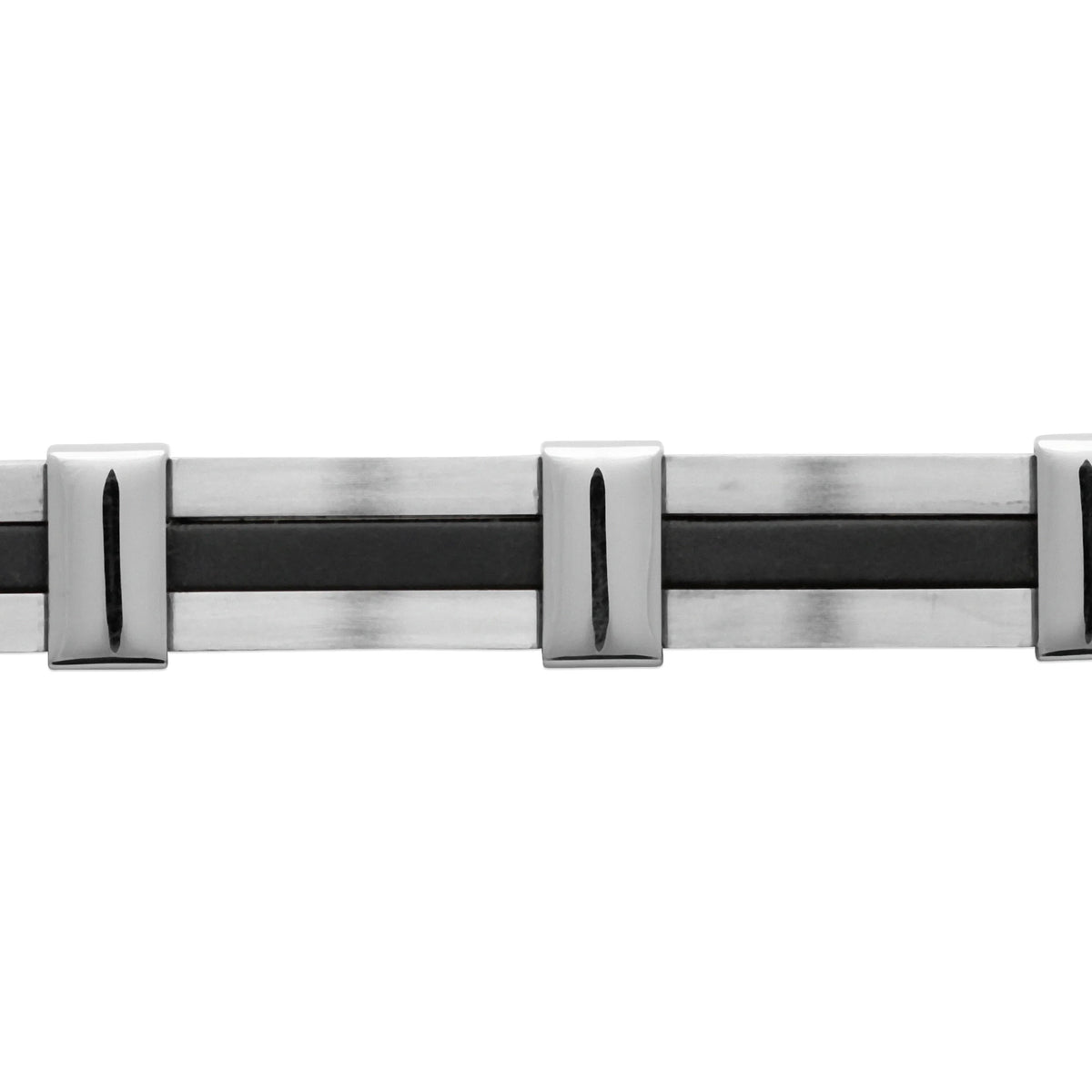 Bracelet à barrettes et caoutchouc noir en acier homme en détail