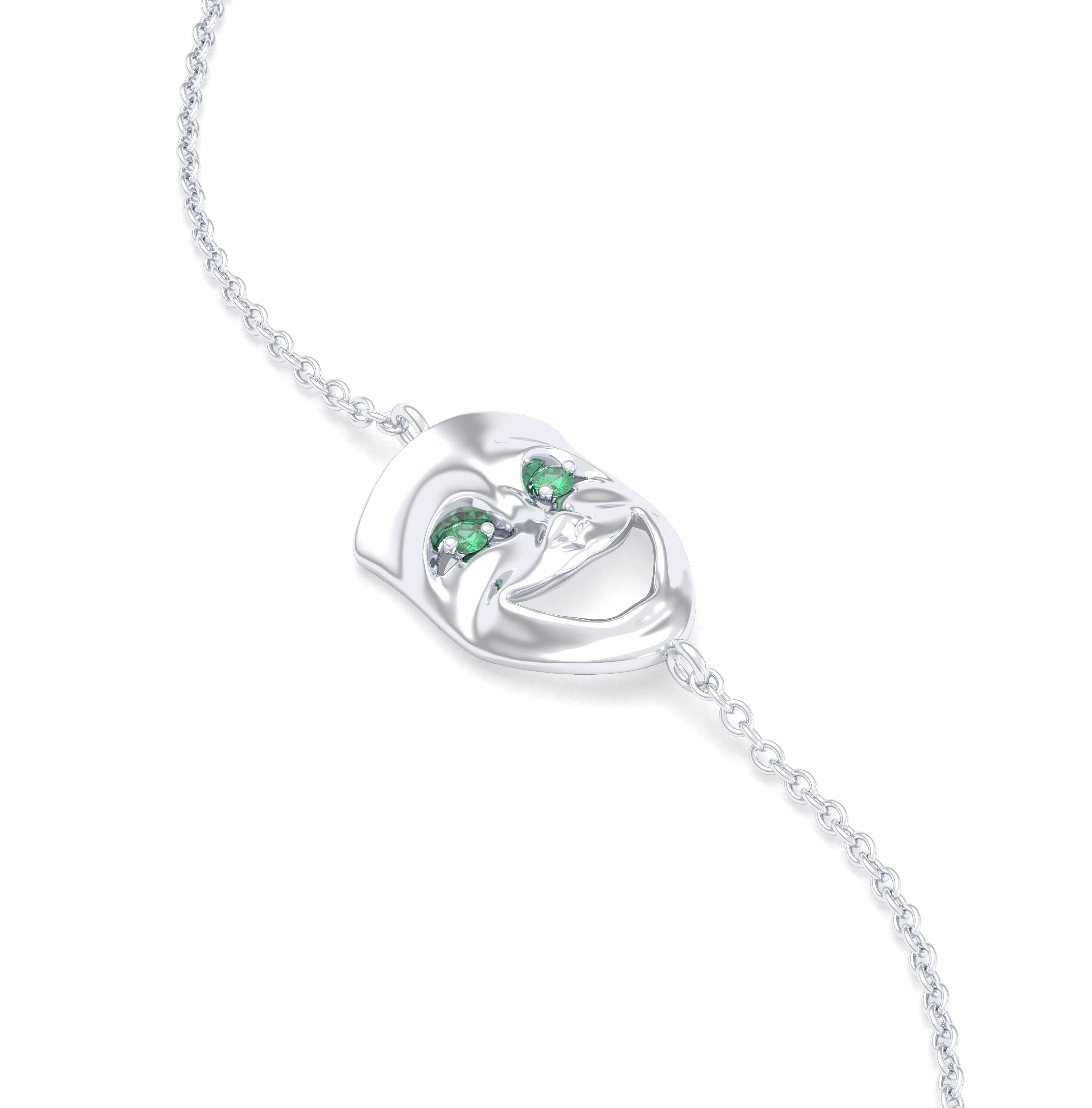 Bracelet Allégresse en or blanc 18 carats, masque souriant du théâtre Emeraude