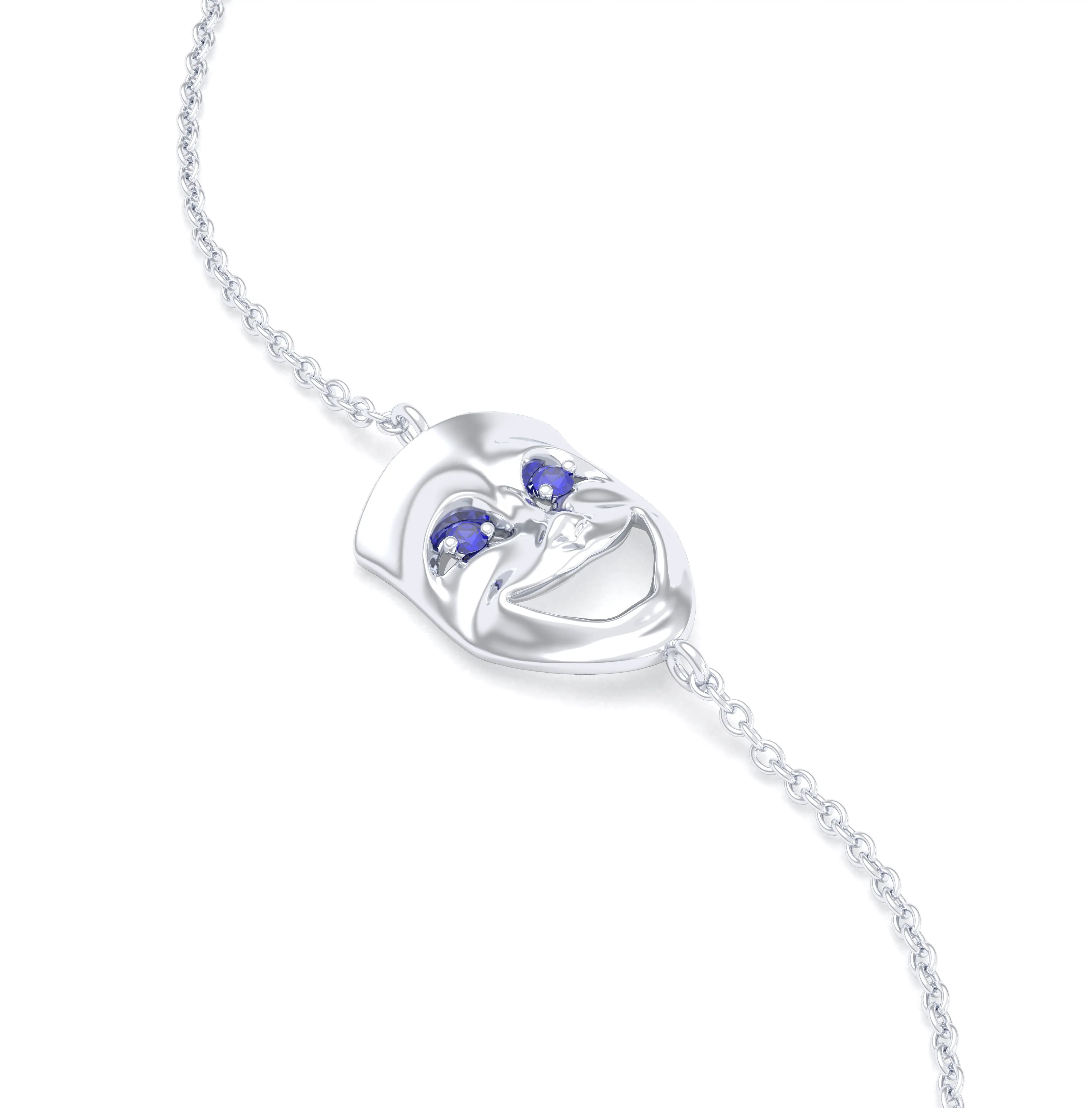 Bracelet Allégresse en or blanc 18 carats, masque souriant du théâtre Saphir bleu