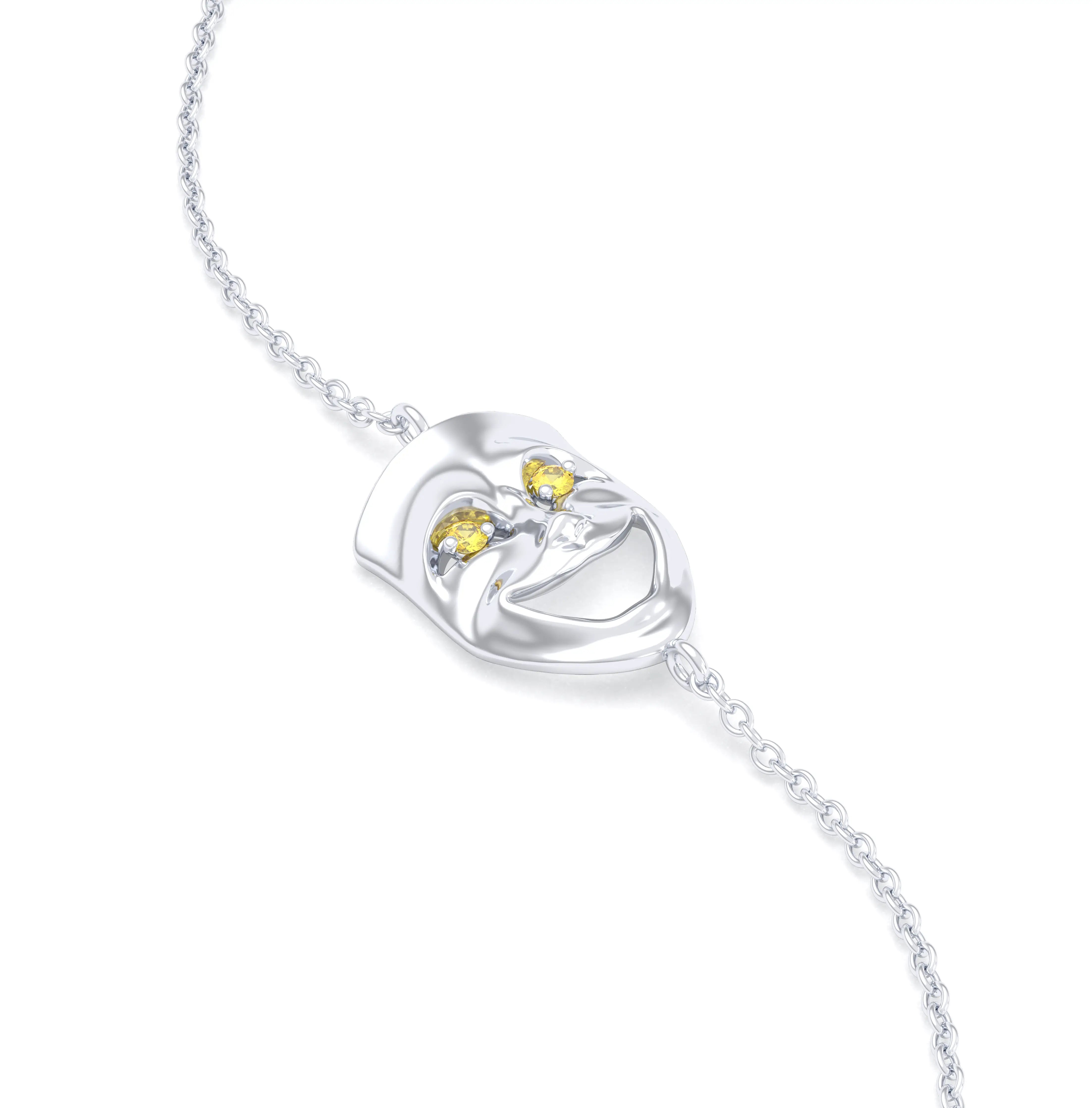 Bracelet Allégresse en or blanc 18 carats, masque souriant du théâtre Saphir jaune