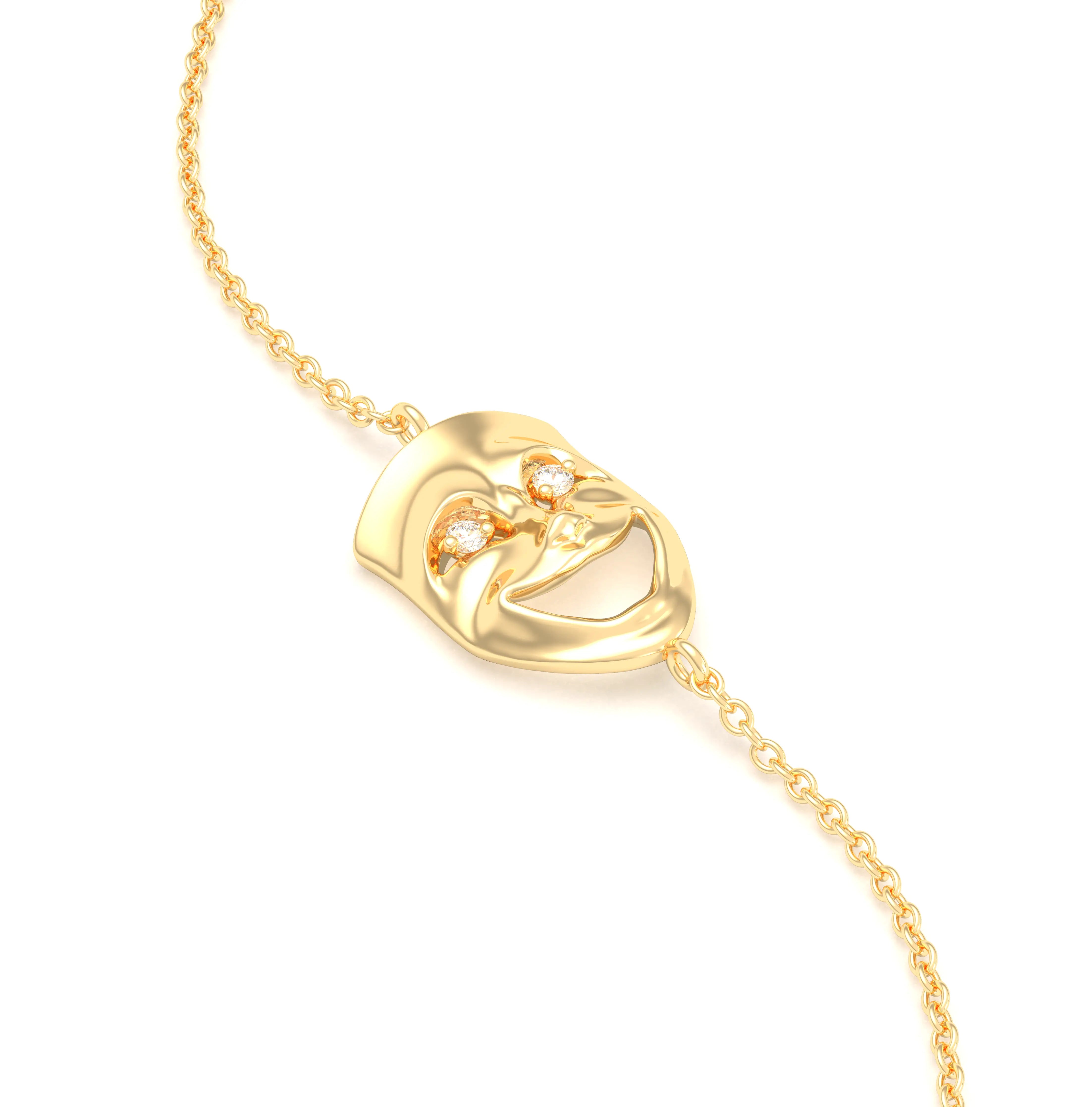 Bracelet Allégresse en or jaune 18 carats, masque souriant du théâtre Diamant