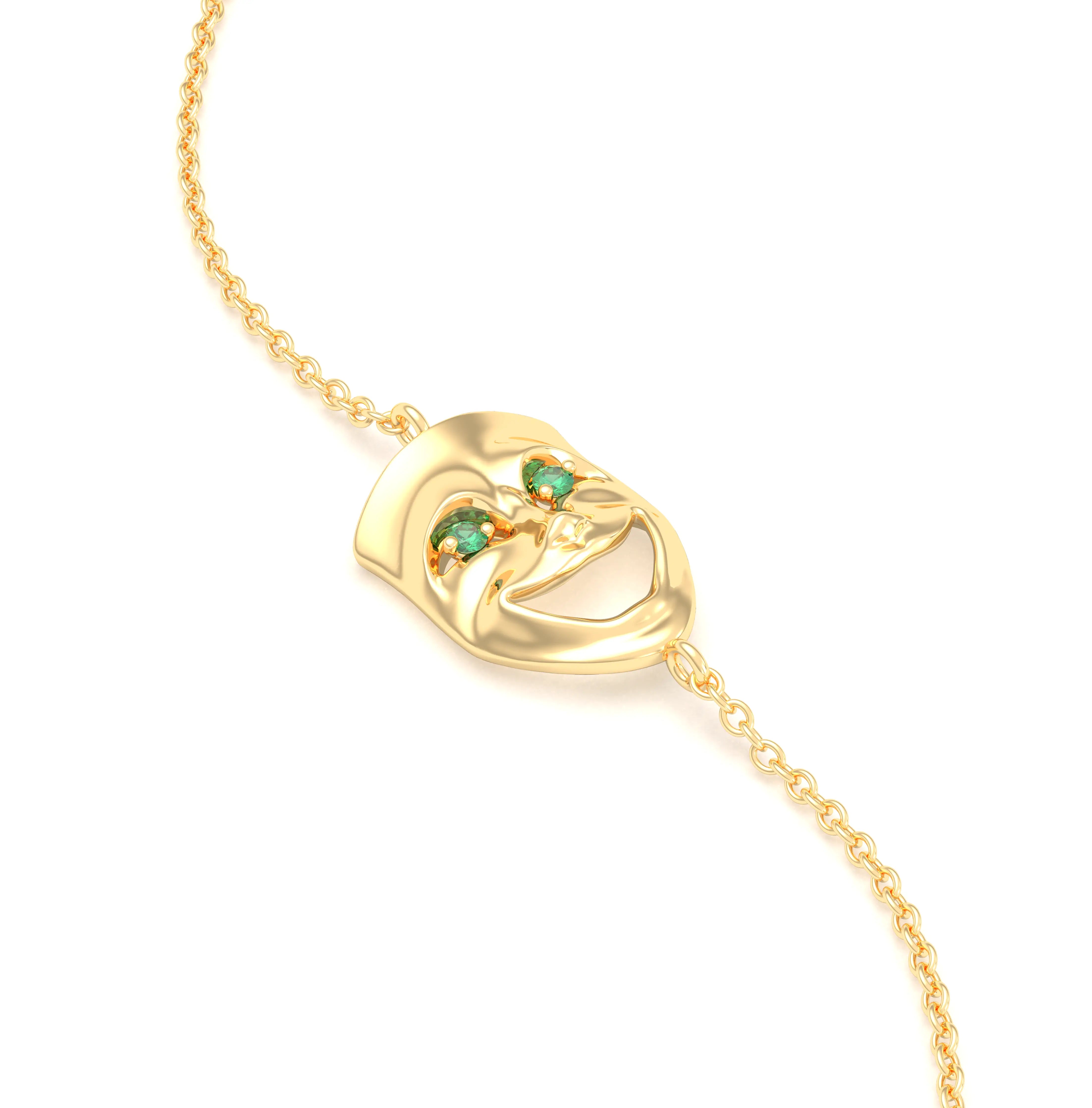 Bracelet Allégresse en or jaune 18 carats, masque souriant du théâtre Emeraude