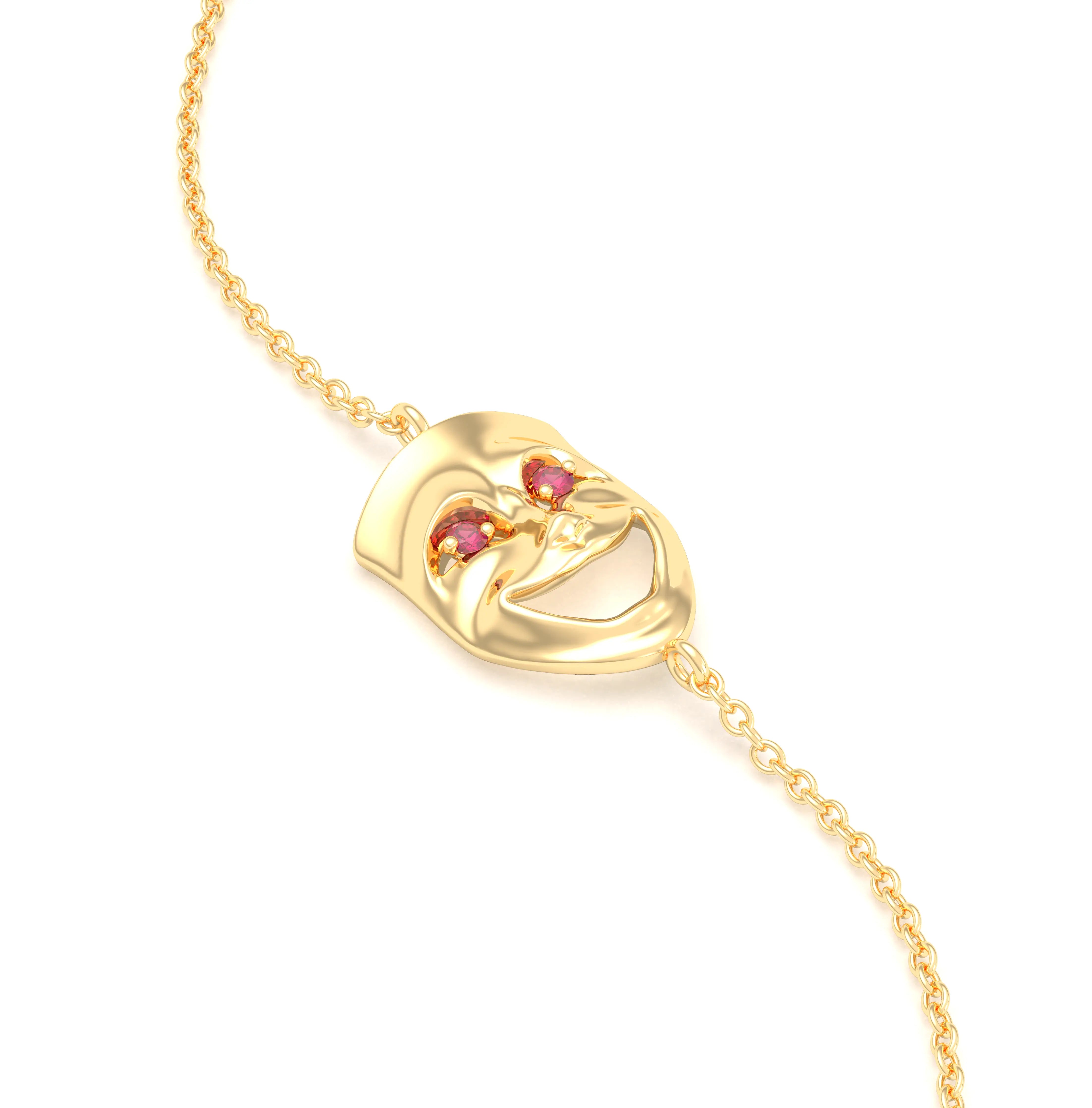 Bracelet Allégresse en or jaune 18 carats, masque souriant du théâtre Rubis