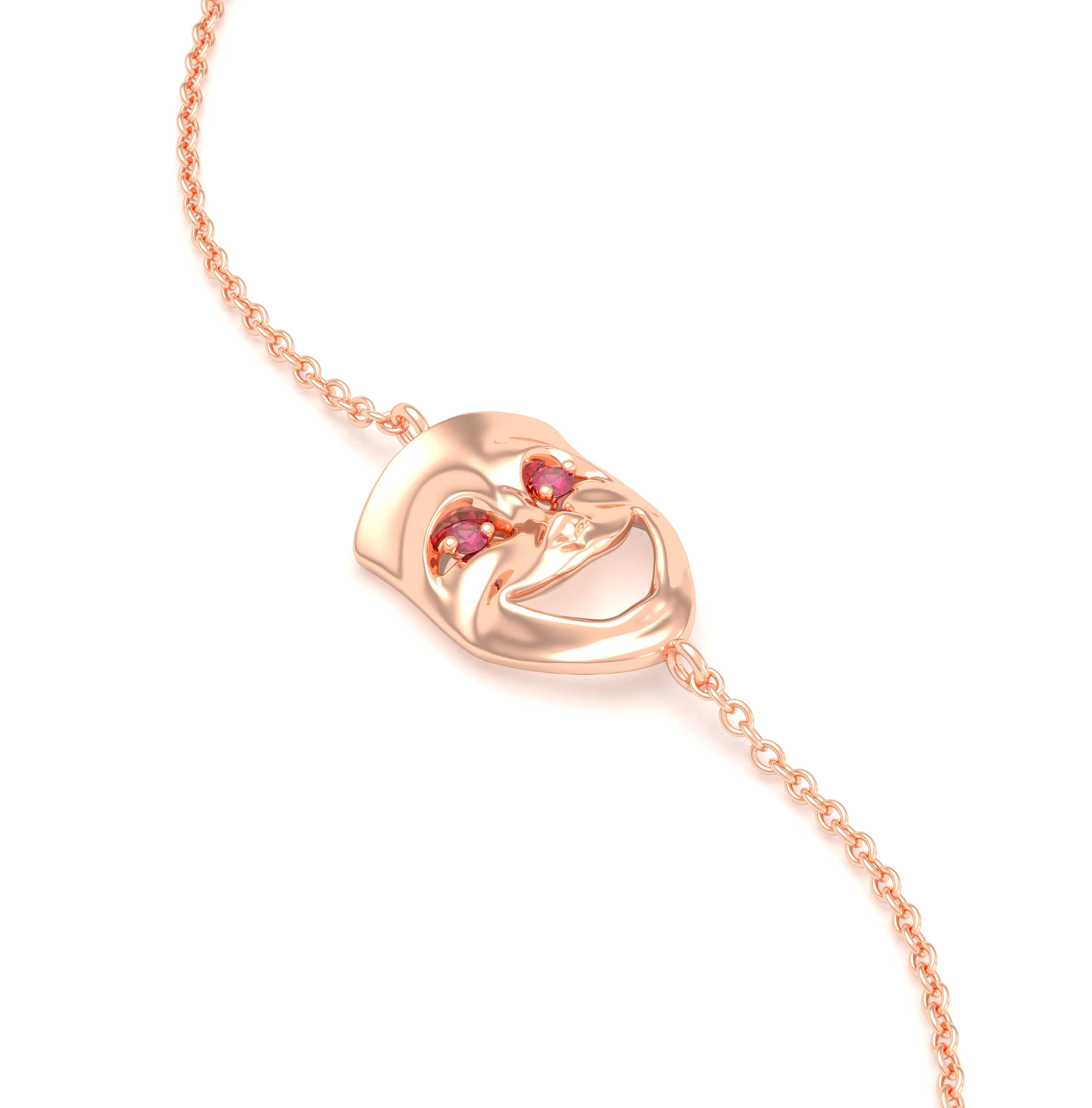 Bracelet Allégresse en or rose 18 carats, masque souriant du théâtre Rubis