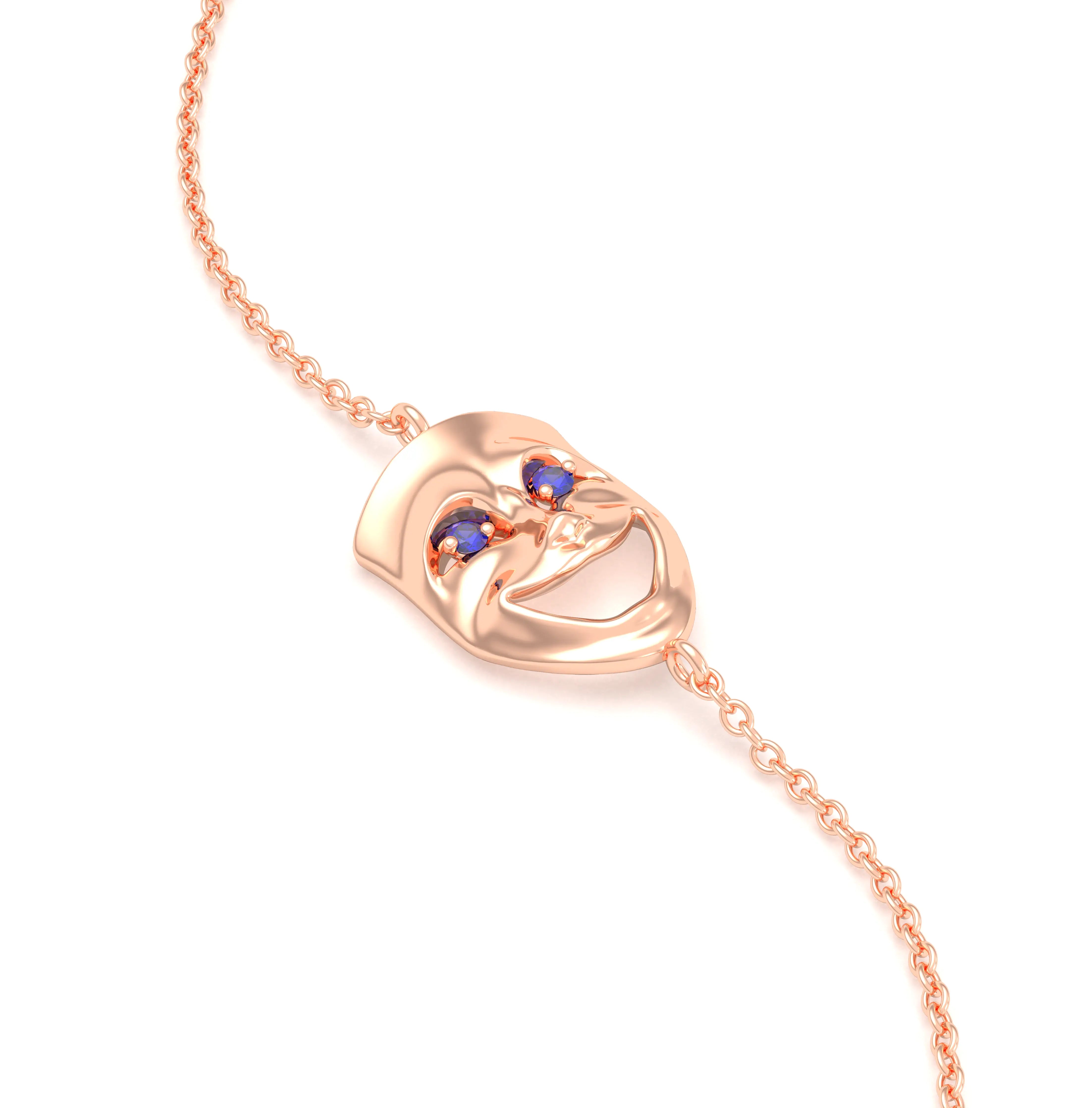 Bracelet Allégresse en or rose 18 carats, masque souriant du théâtre Saphir bleu
