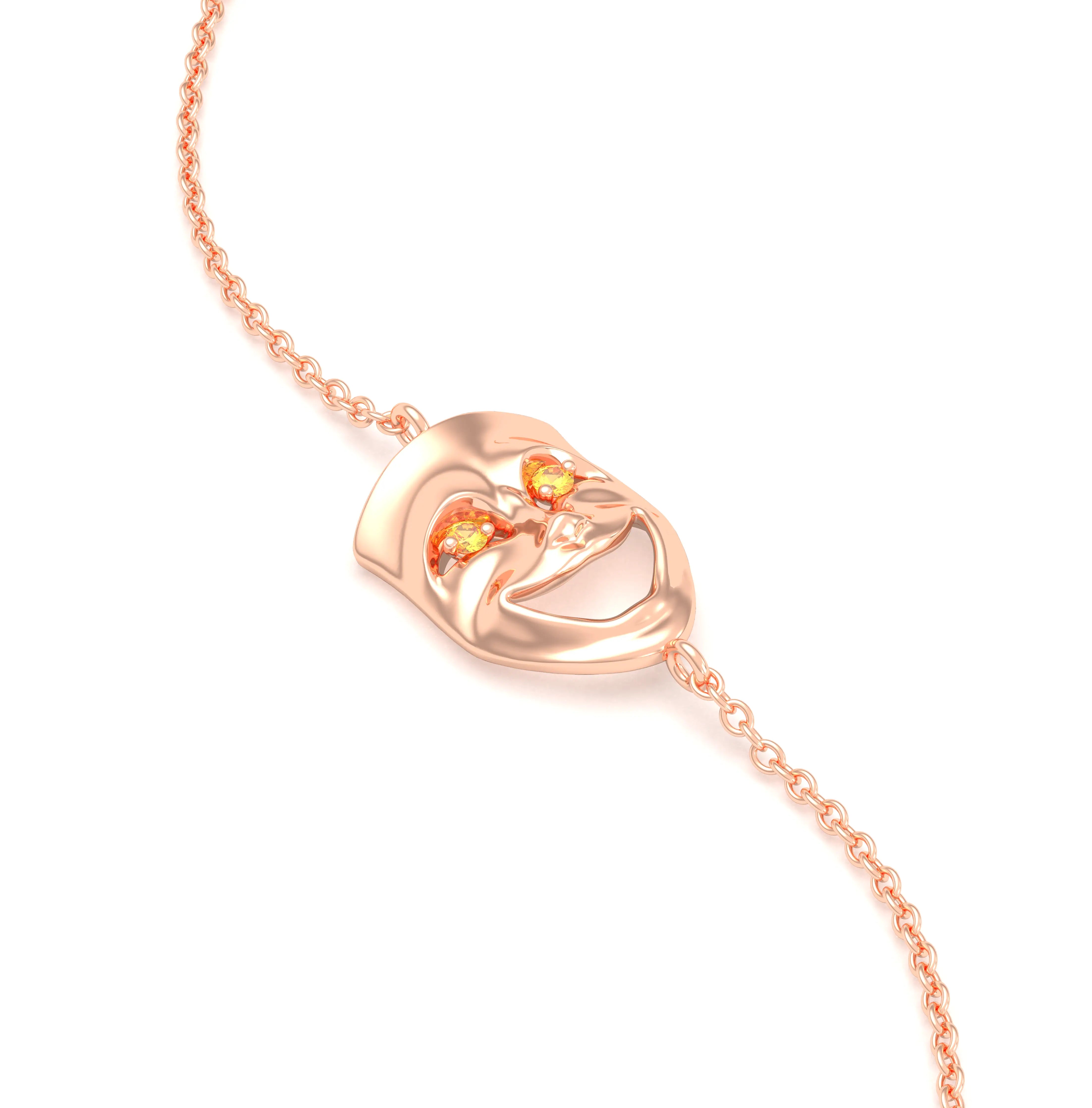 Bracelet Allégresse en or rose 18 carats, masque souriant du théâtre Saphir jaune