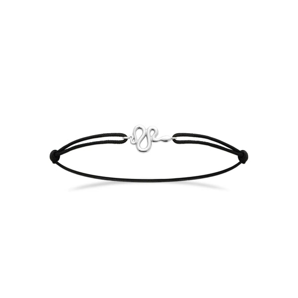 Bracelet cordon serpent en argent 925 rhodié, cordon noir, vue d’ensemble sur fond blanc