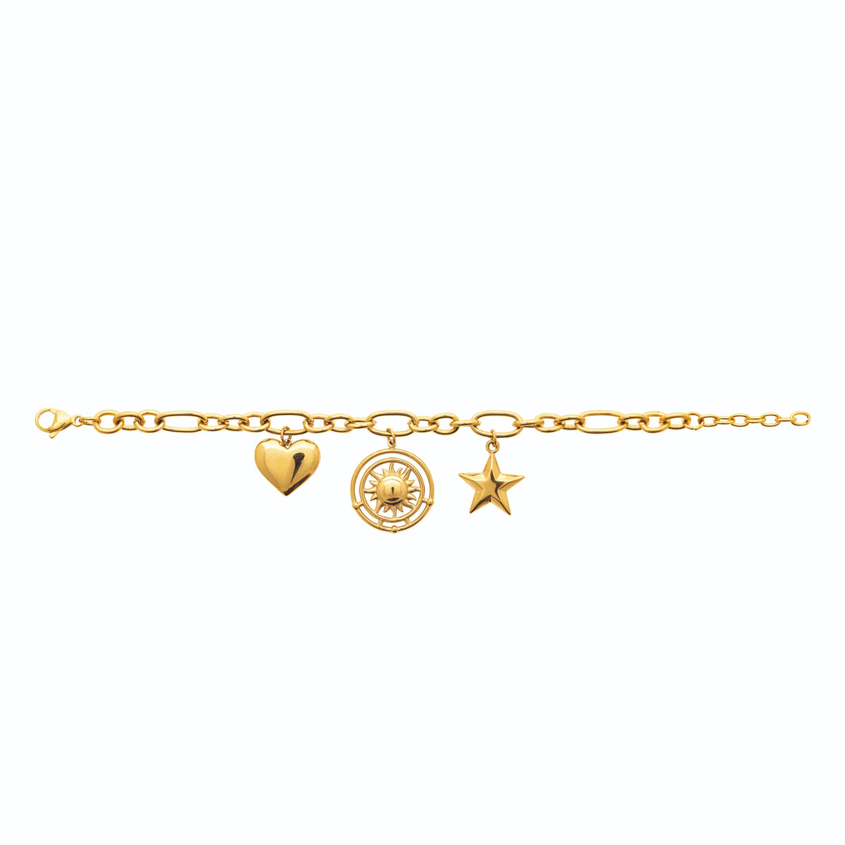 Bracelet chaîne à breloques cœur, étoile et médaille en acier PVD doré
