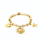 Bracelet chaîne à breloques cœur, étoile et médaille en acier PVD doré