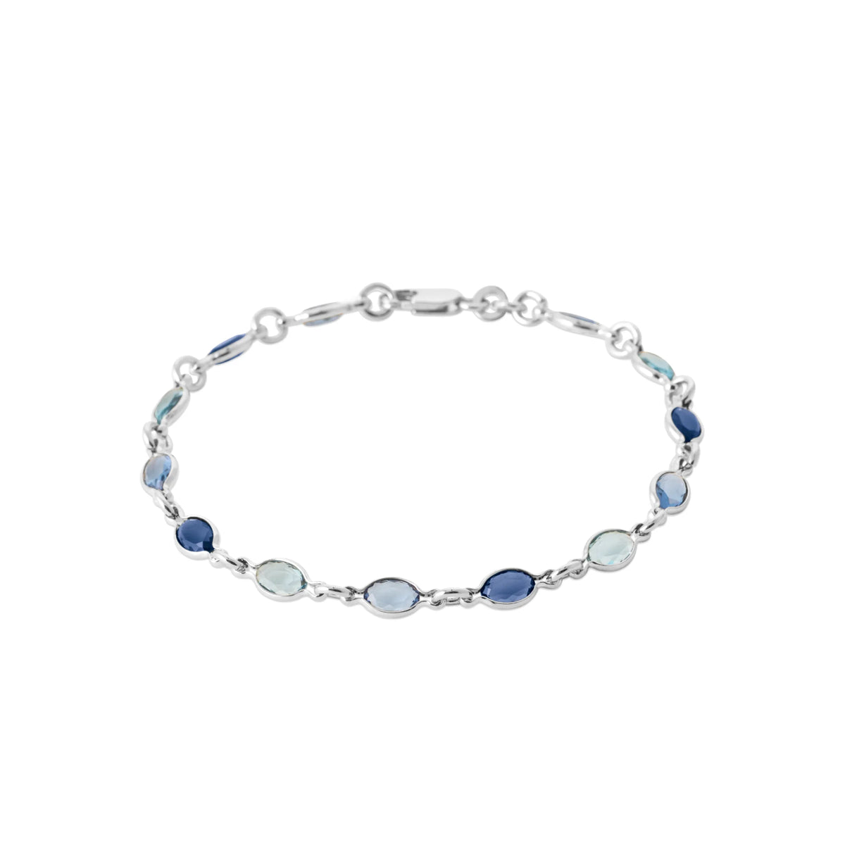 Bracelet chaîne à cristaux ovales camaïeu de bleus en argent 925 rhodié