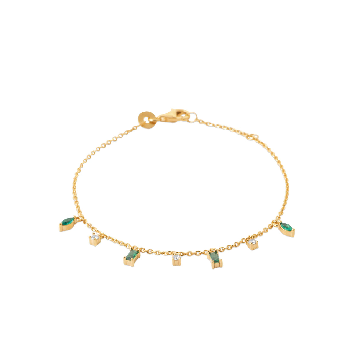 Bracelet chaîne à pampilles de baguettes vertes et zircons en plaqué or