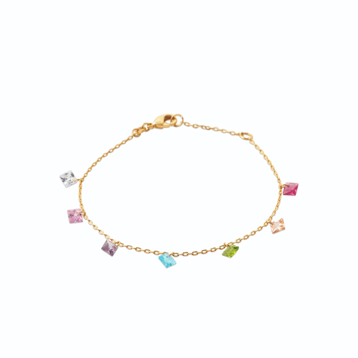 Bracelet chaîne à pampilles de pierres carrées multicolores en plaqué or