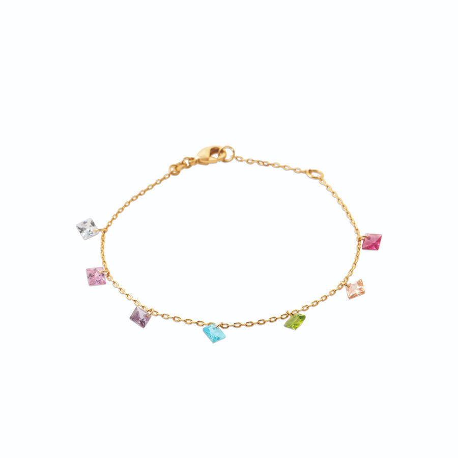 Bracelet chaîne à pampilles de pierres carrées multicolores en plaqué or, vue de face