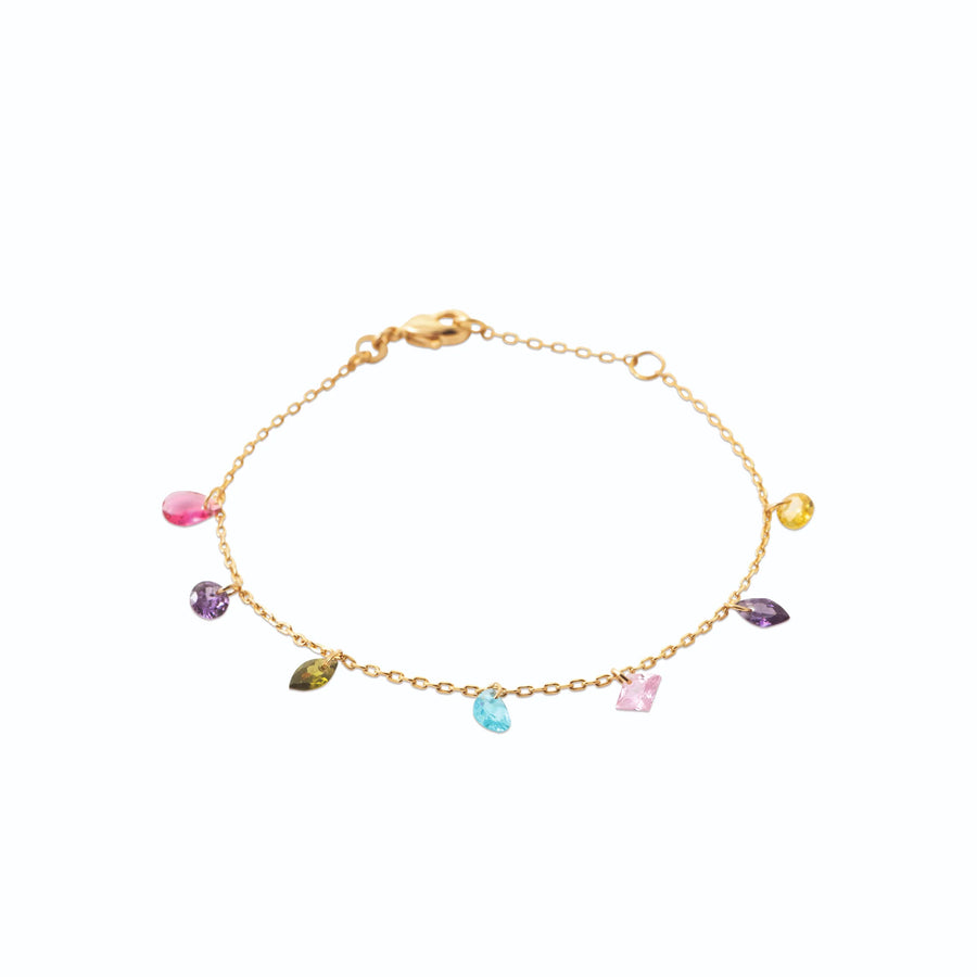 Bracelet chaîne à pampilles de pierres de couleur en plaqué or, vue de face
