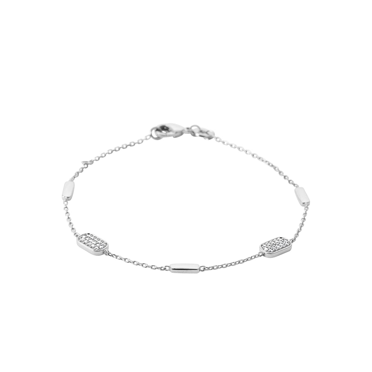 Bracelet chaîne à stations rectangulaires pavées de zircons en argent 925 rhodié