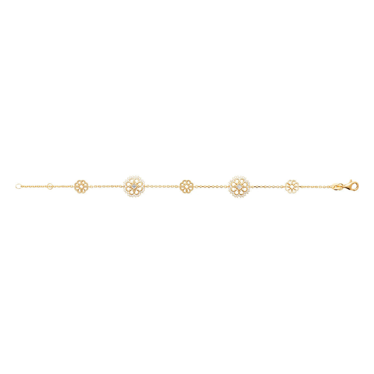 Bracelet chaîne à trois médaillons fleuris ajourés en plaqué or