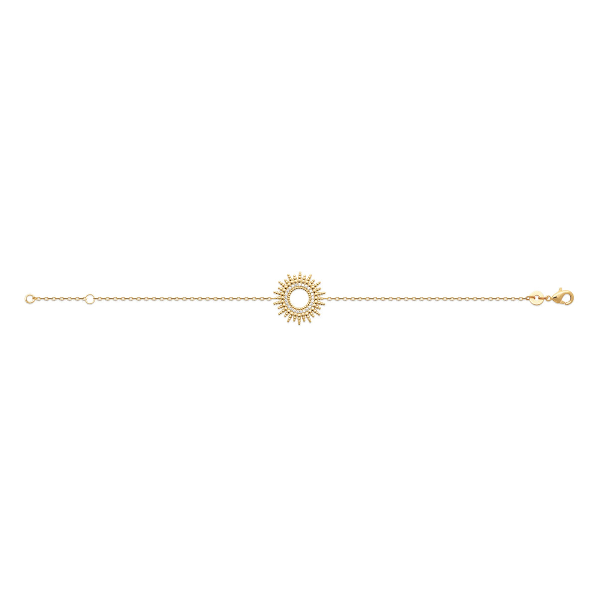 Bracelet chaîne cercle soleil granulé en plaqué or, vue à plat