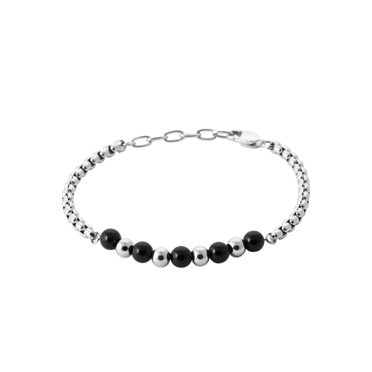 Bracelet chaîne et perles d’agate noire en acier homme
