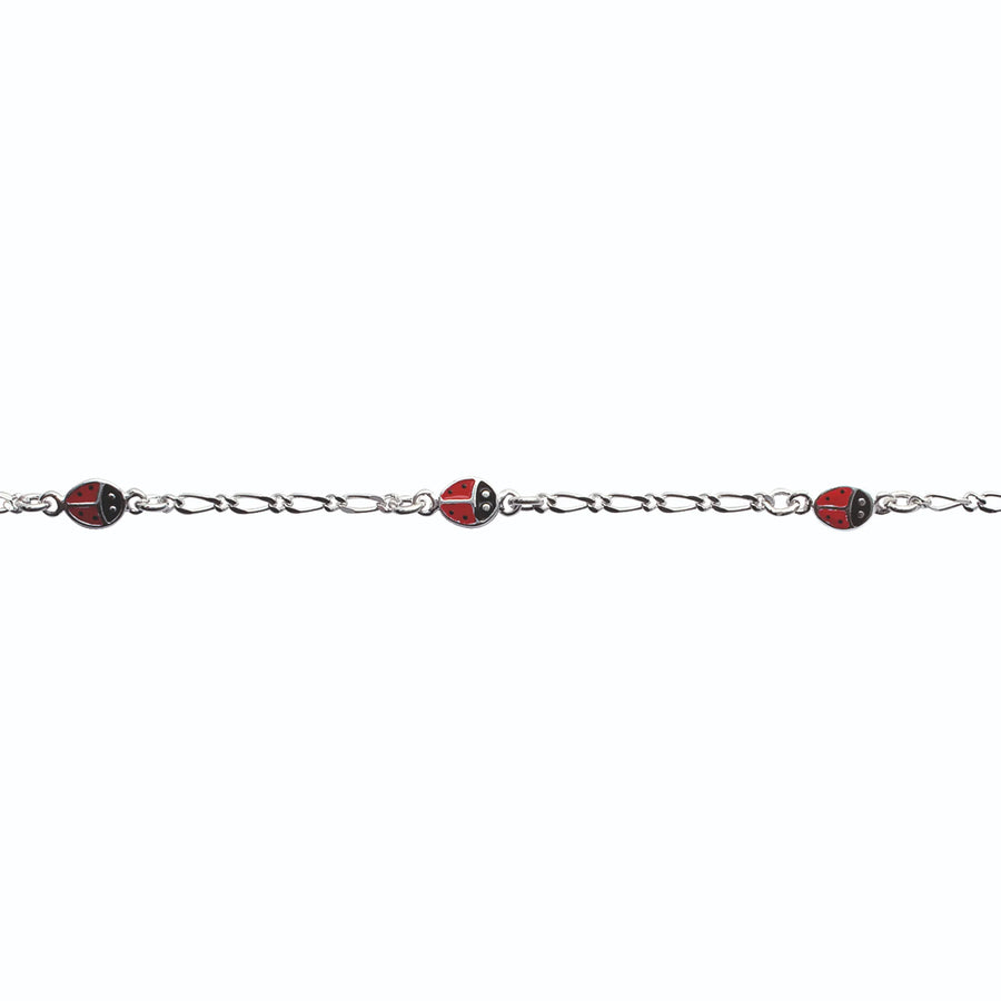 Bracelet chaîne figaro coccinelles enfant en argent 925, 16 cm, vue de face