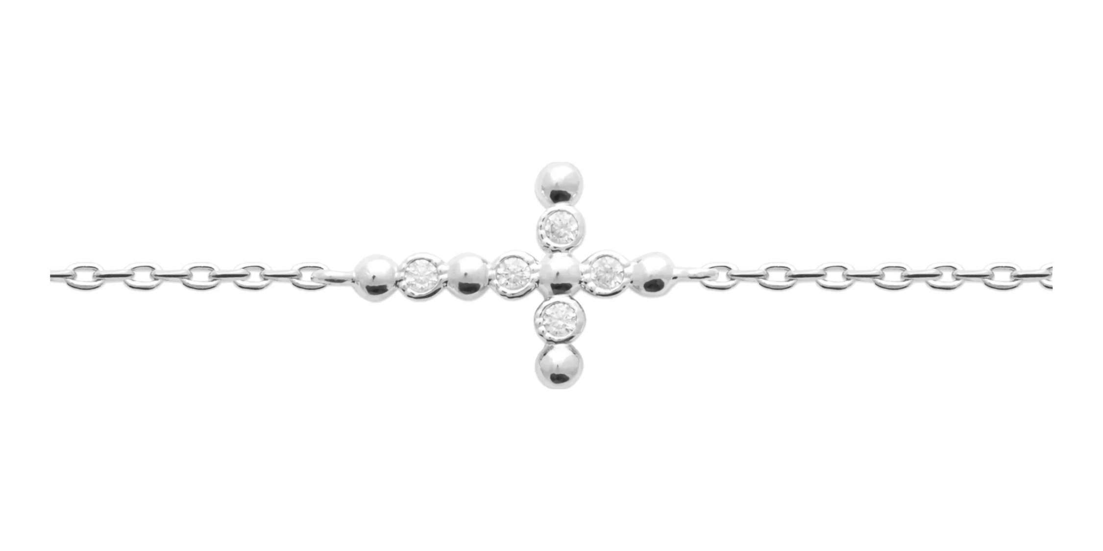Bracelet chaîne fine à croix sertie de zircons en argent rhodié en détail