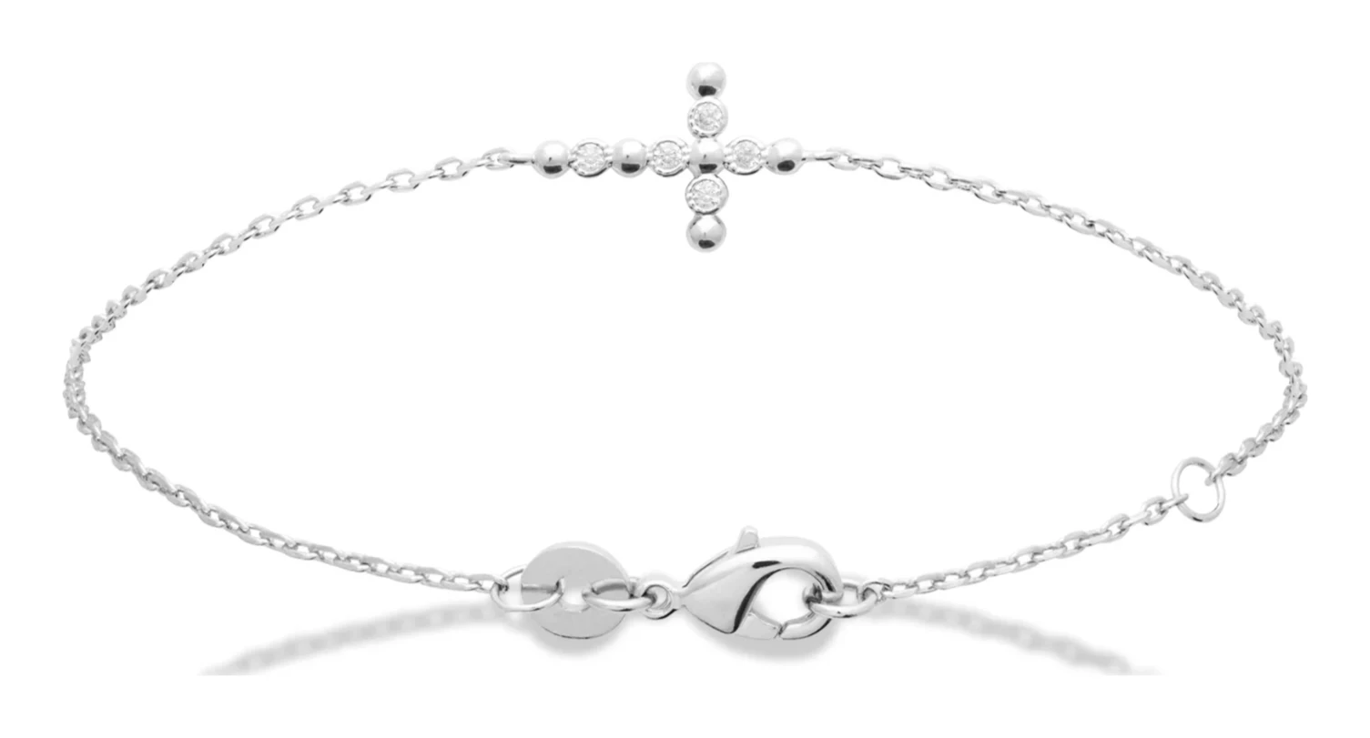 Bracelet chaîne fine à croix sertie de zircons en argent rhodié