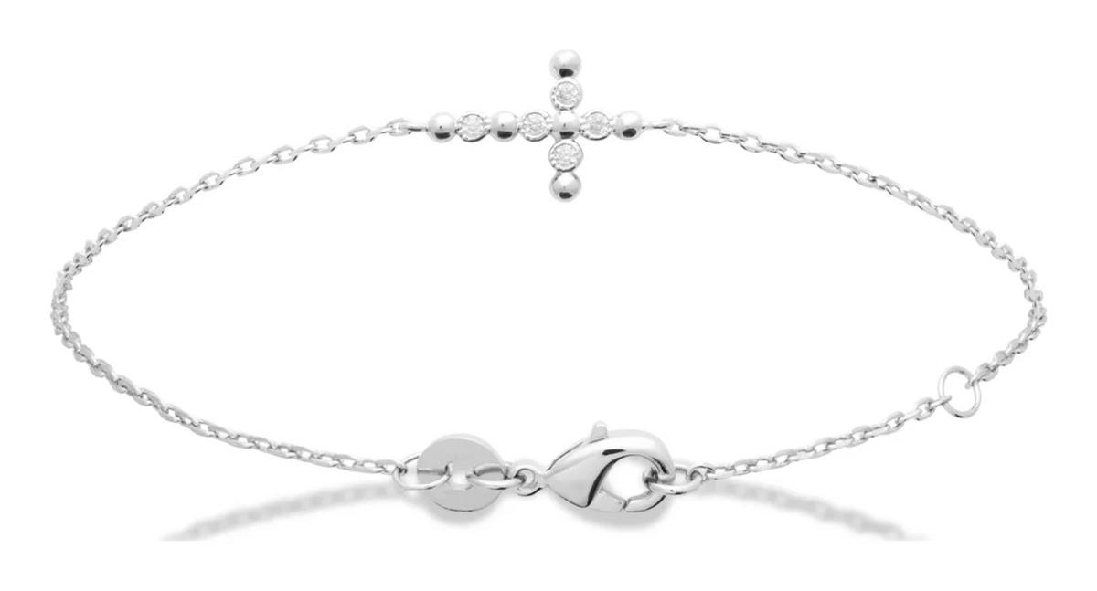Bracelet chaîne fine à croix sertie de zircons en argent rhodié